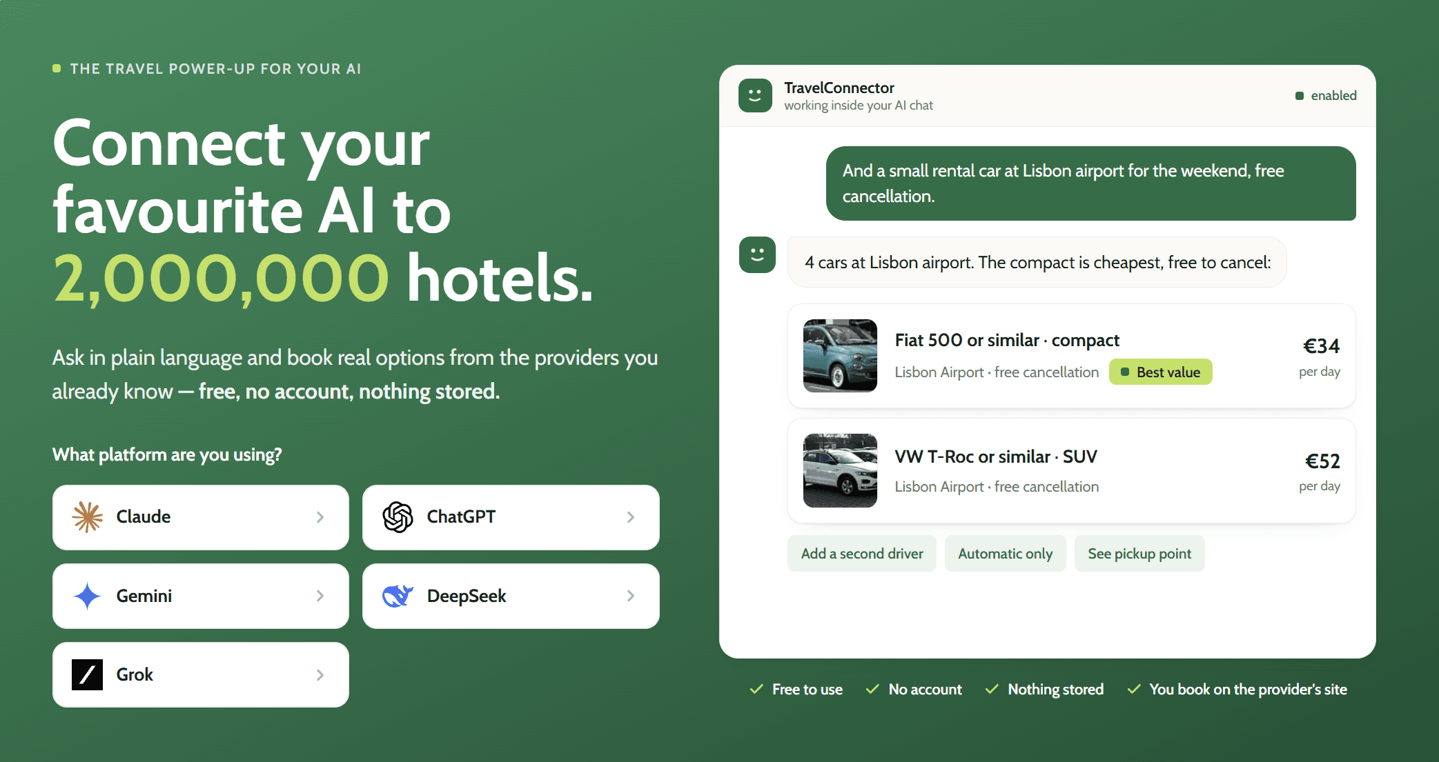 TravelConnector working inside an AI chat